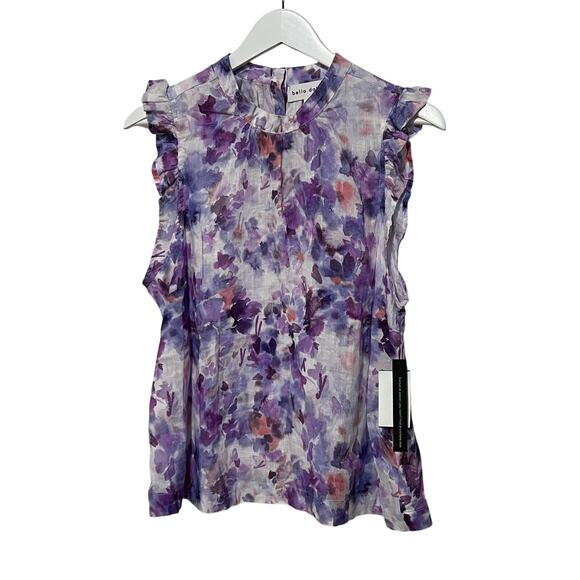 BELLA DAHL TOP WOMENS SIZE LARGE FLORAL LINEN MOCK NECK RUFFLE BLOUSE PURPLE NEW - Picture 3 of 13